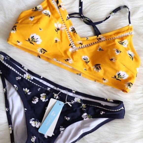 NEW Yellow Blue Floral Print V Neck Bikini Bathing Suit Set Size Large - Picture 3 of 8